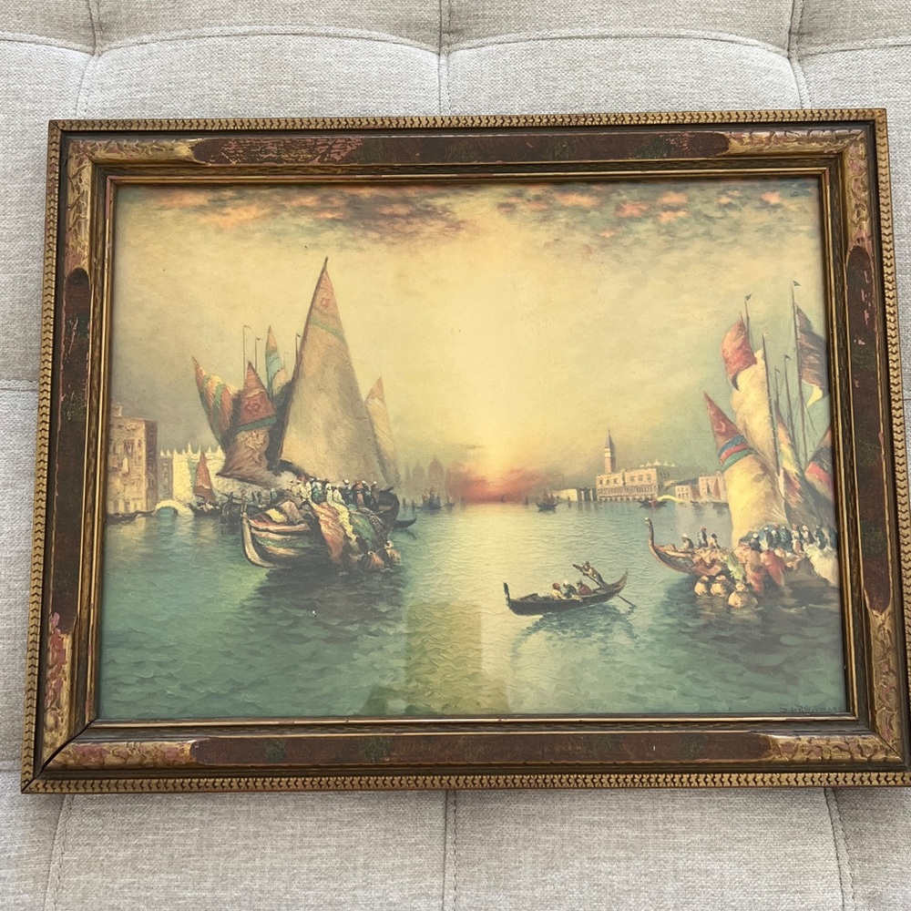 Framed Venetian Harbor Sailboat Painting in Teal and Gold